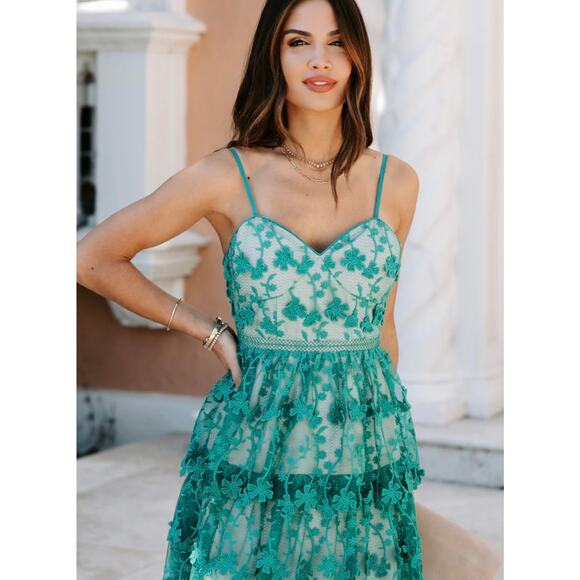 VICI Pascal Tiered Crochet Lace Midi Dress Teal Green XS - Picture 2 of 12